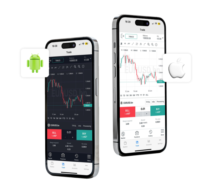 Novatrix Markets mobil işlem terminali Android ve iPhone ekranları